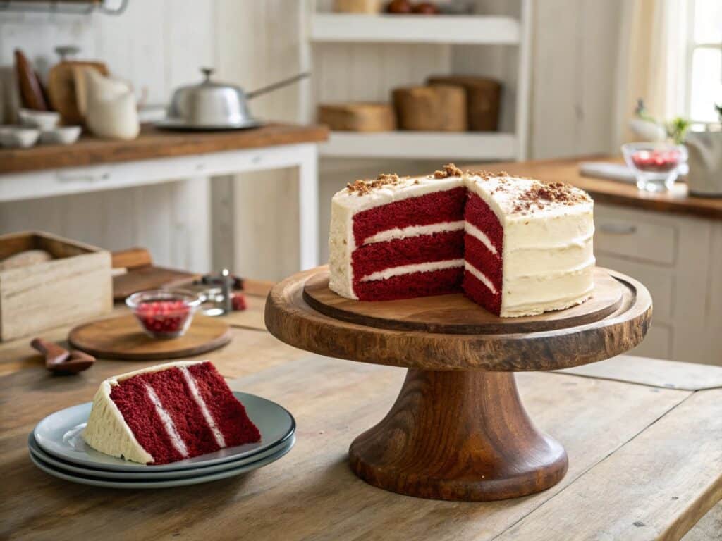 Gluten free vegan red velvet cake on cake stand
