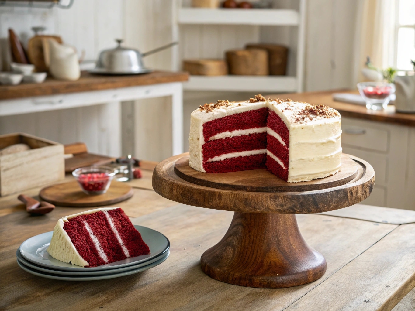 Gluten free vegan red velvet cake on cake stand