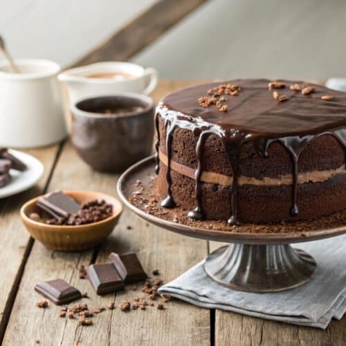 chocolate cake with espresso glaze on rustic table