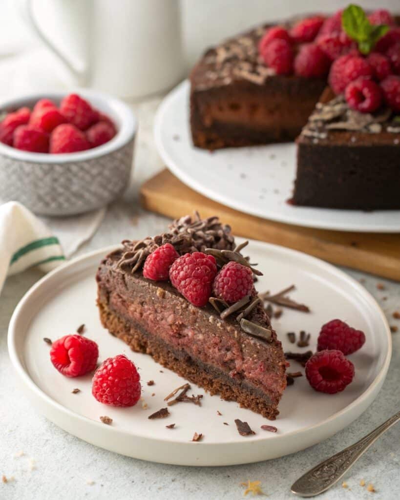 Slice of Decadent Chocolate Raspberry Cake served with garnish