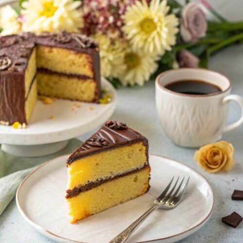 slice of yellow cake with chocolate buttercream on plate