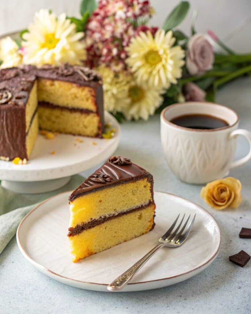 slice of yellow cake with chocolate buttercream on plate