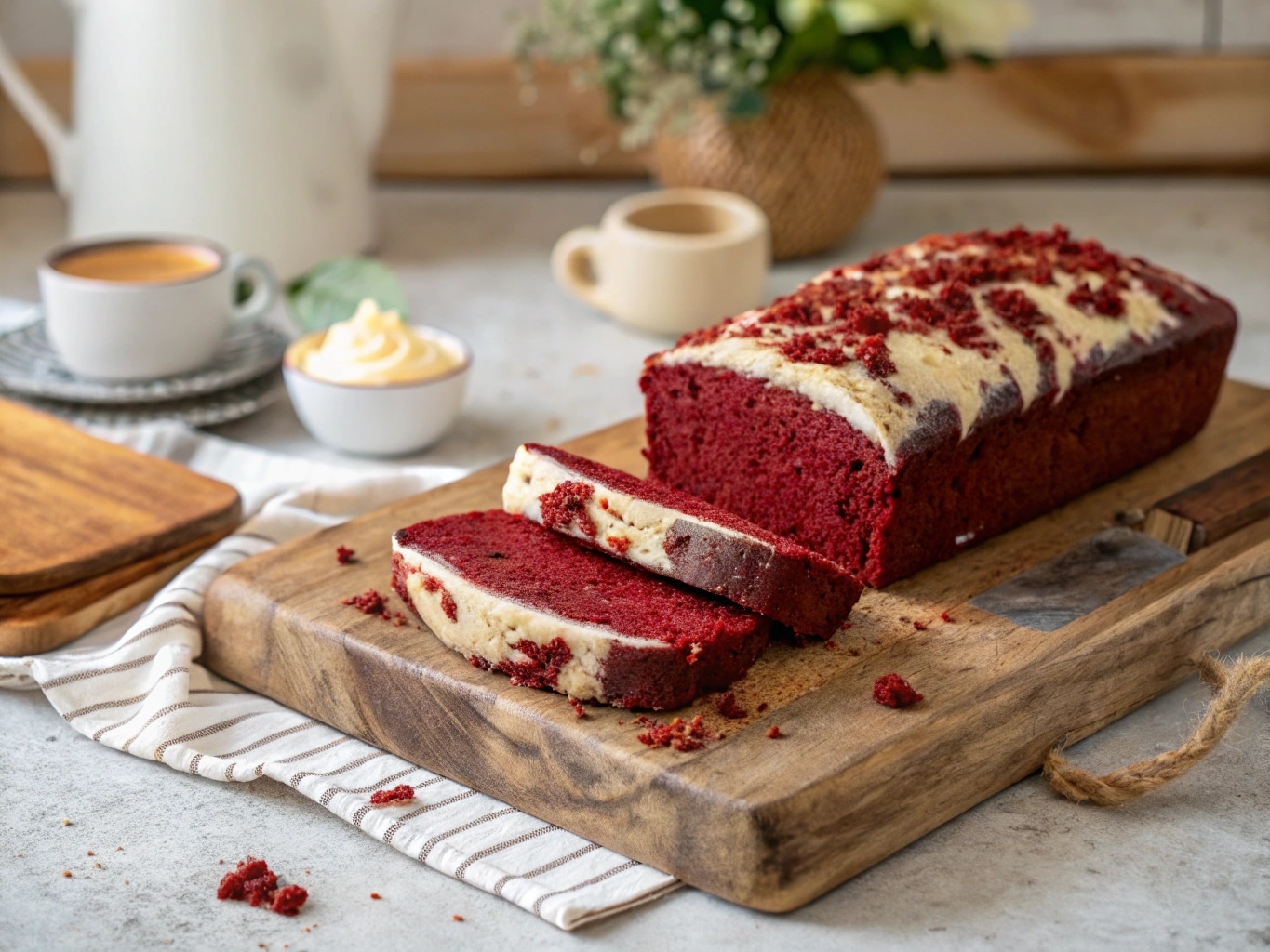 vegan red velvet loaf cake on wooden board