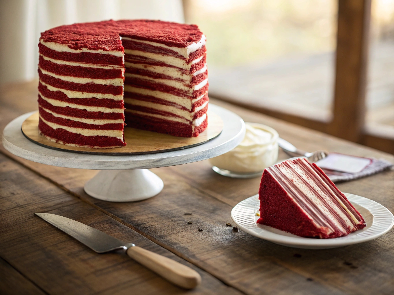 Red velvet crepe cake with cream cheese layers