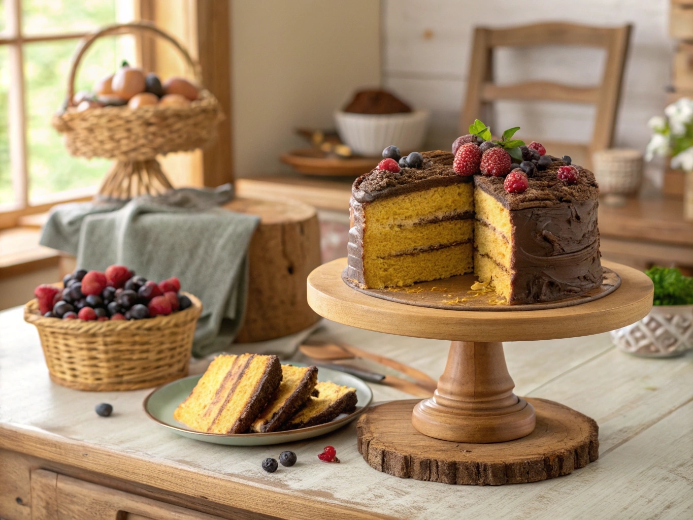 yellow cake with chocolate buttercream on cake stand