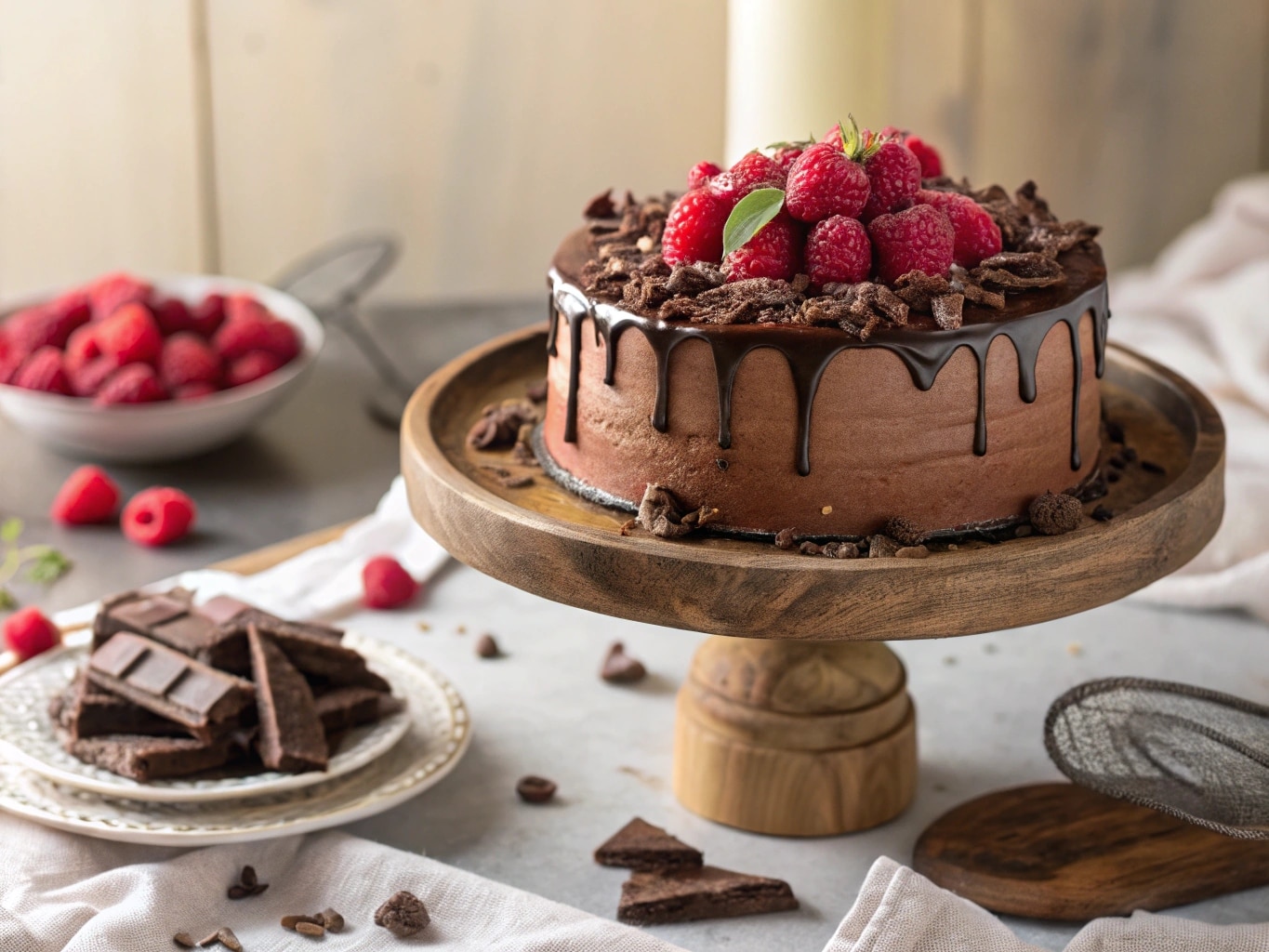 Whole Decadent Chocolate Raspberry Cake with raspberries and ganache
