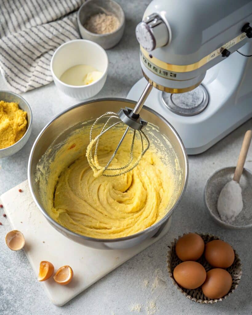 mixing yellow cake batter in mixer