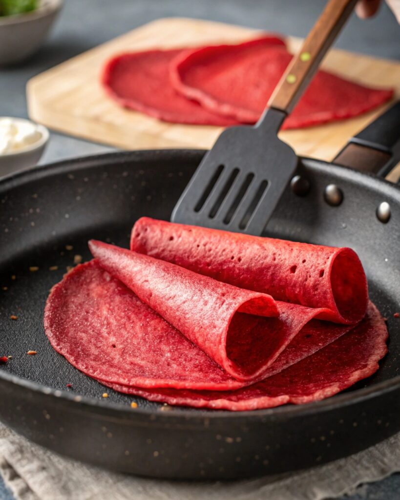 Red Velvet Crepe Cake: Stunning Layers with Soulful Flavor 3 Cooking red velvet crepes in skillet