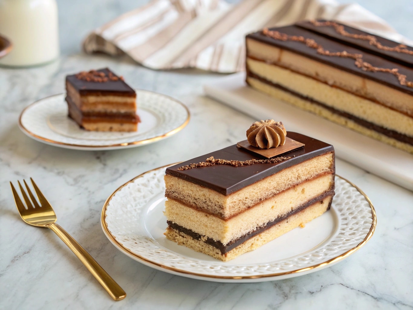 Opera cake with layers of coffee and chocolate