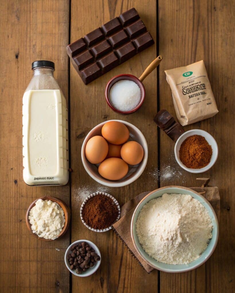 flat lay of cake ingredients cocoa buttermilk s