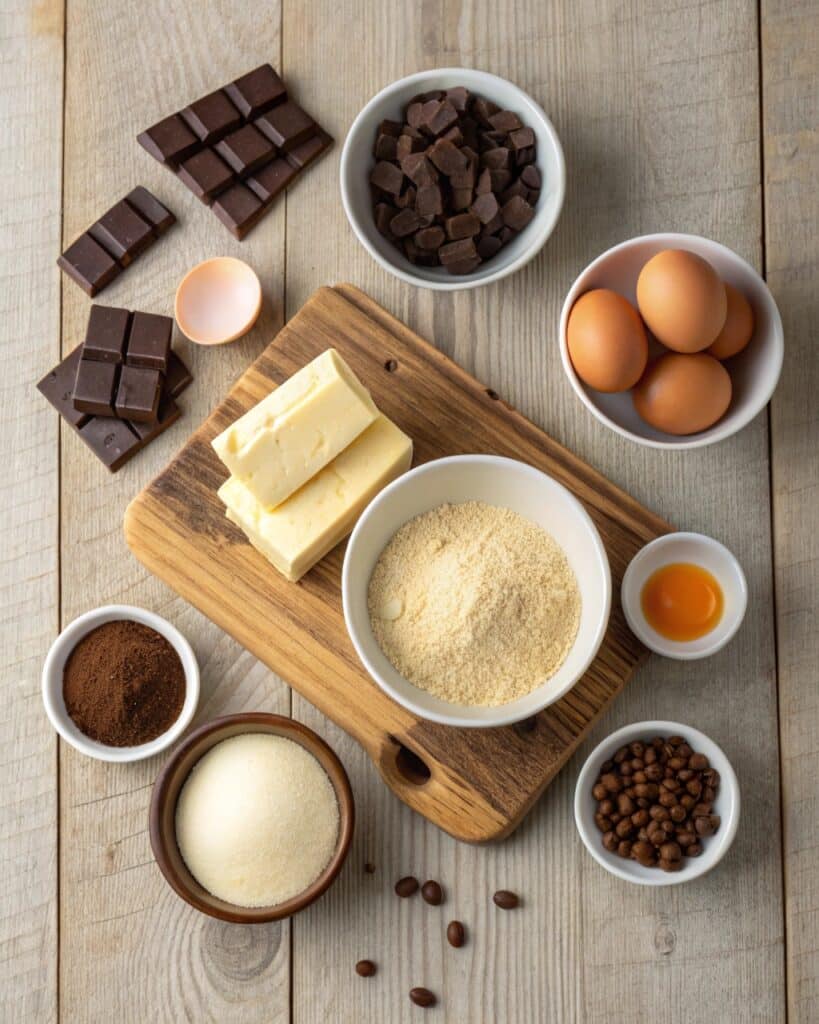 Ingredients for opera cake laid on wooden table