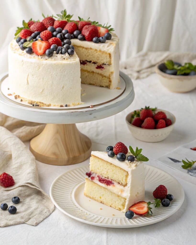 Assembling Chantilly cake with frosting and berries