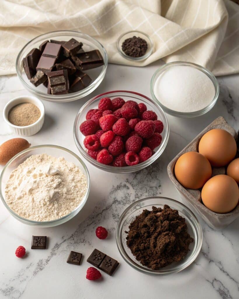 Ingredients for Decadent Chocolate Raspberry Cake arranged on counter