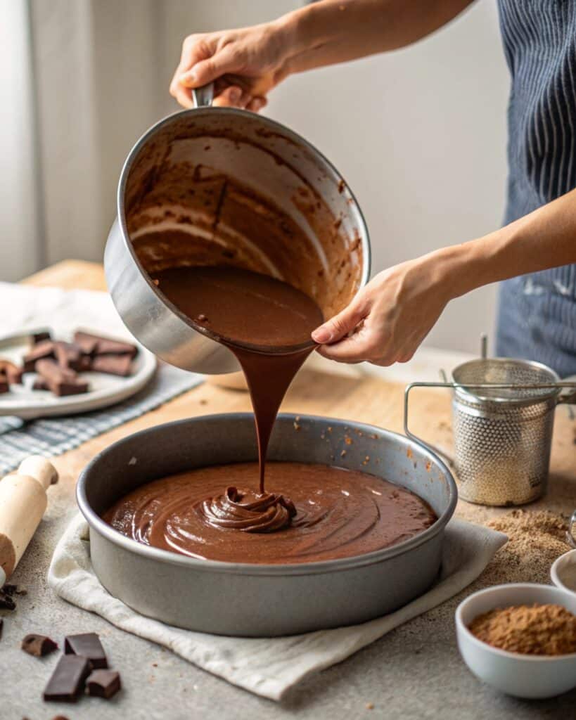 Pouring batter into cake pan for Decadent Chocolate Raspberry Cake