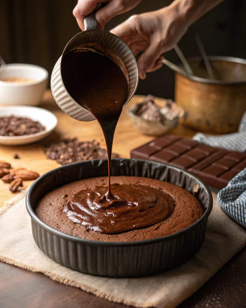 chocolate batter poured into baking pan