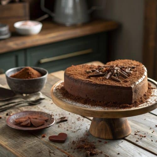 Heart-shaped chocolate cake on rustic wooden table