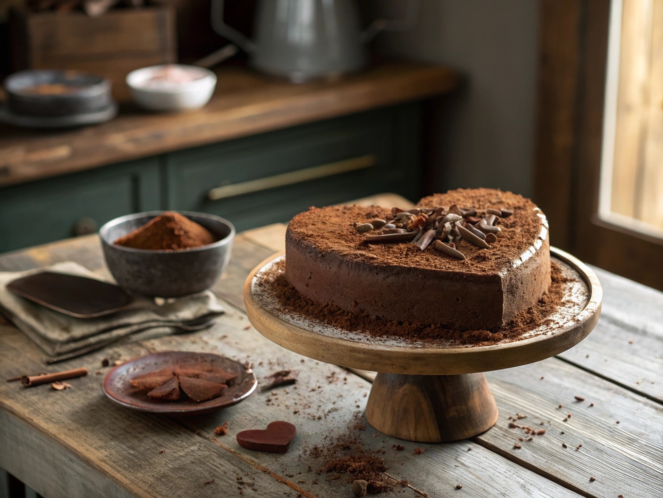 Heart-shaped chocolate cake on rustic wooden table