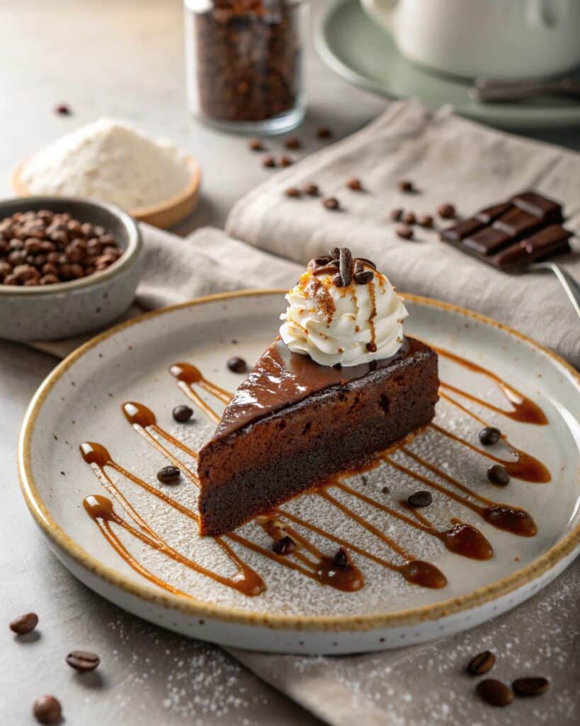 slice of chocolate cake with espresso glaze