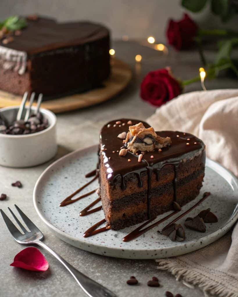 slice of chocolate heart cake on a plate with fork