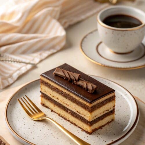 Sliced opera cake served with coffee