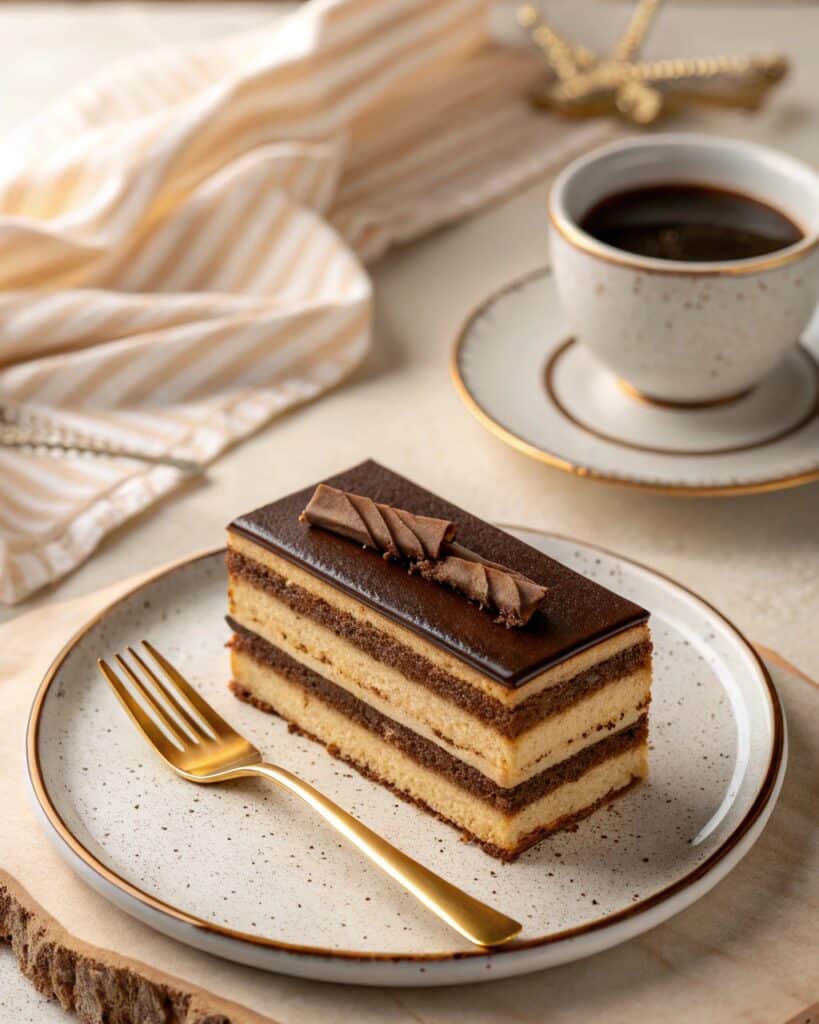 Sliced opera cake served with coffee