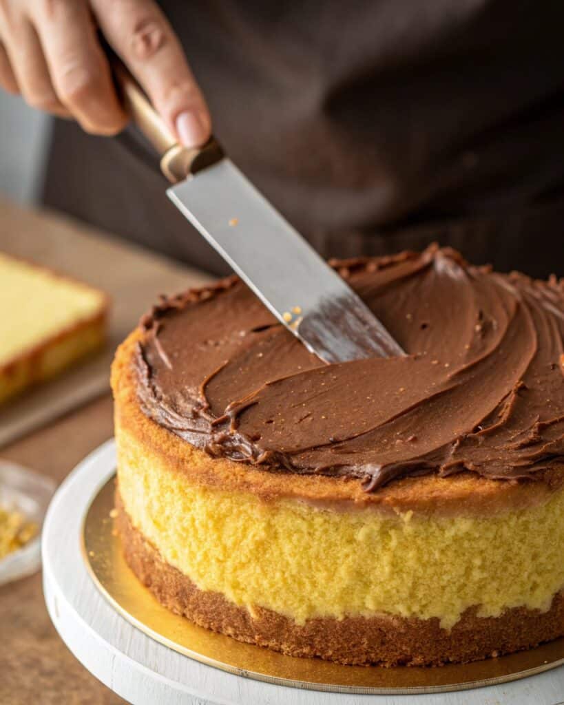 frosting yellow cake with chocolate buttercream
