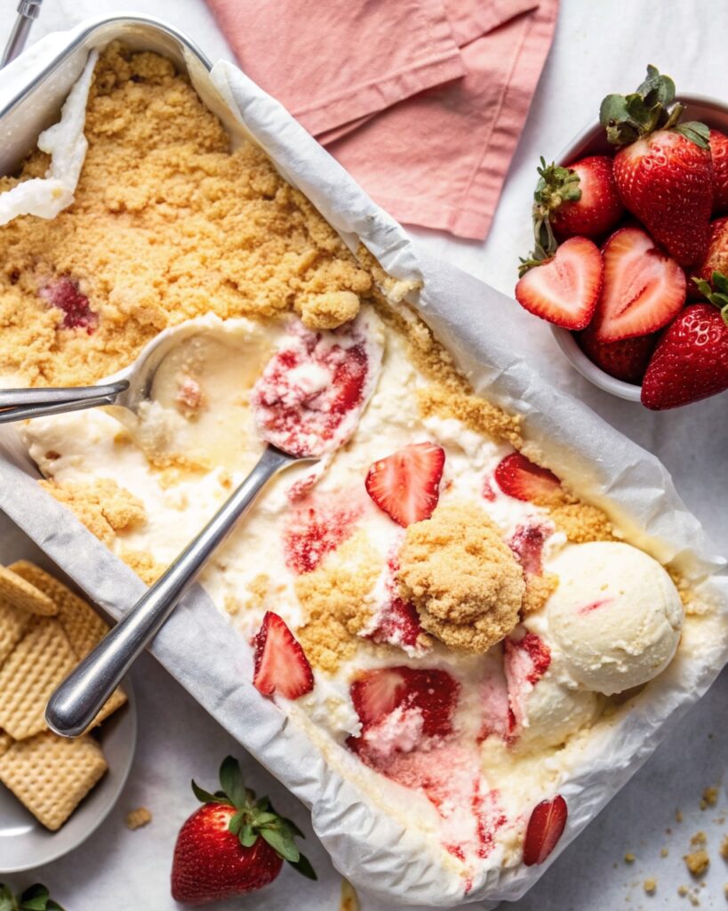Strawberry Shortcake Ice Cream Recipe That Tastes Like Summer 5 Ice cream churning in a machine with strawberry swirl visible