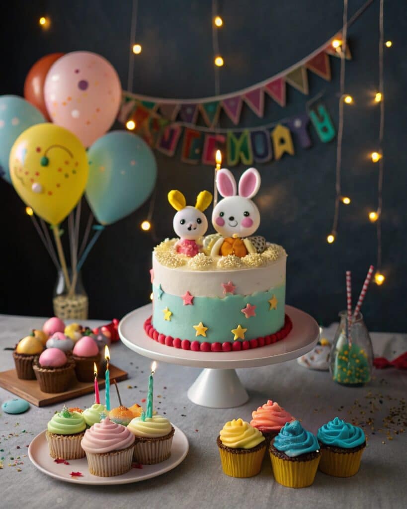 Labubu birthday cake on a themed party table with decorations