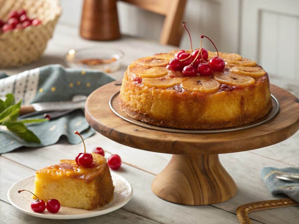 Cake pineapple upside with caramel glaze and cherries
