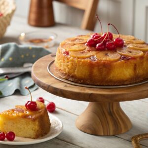 Cake pineapple upside with caramel glaze and cherries