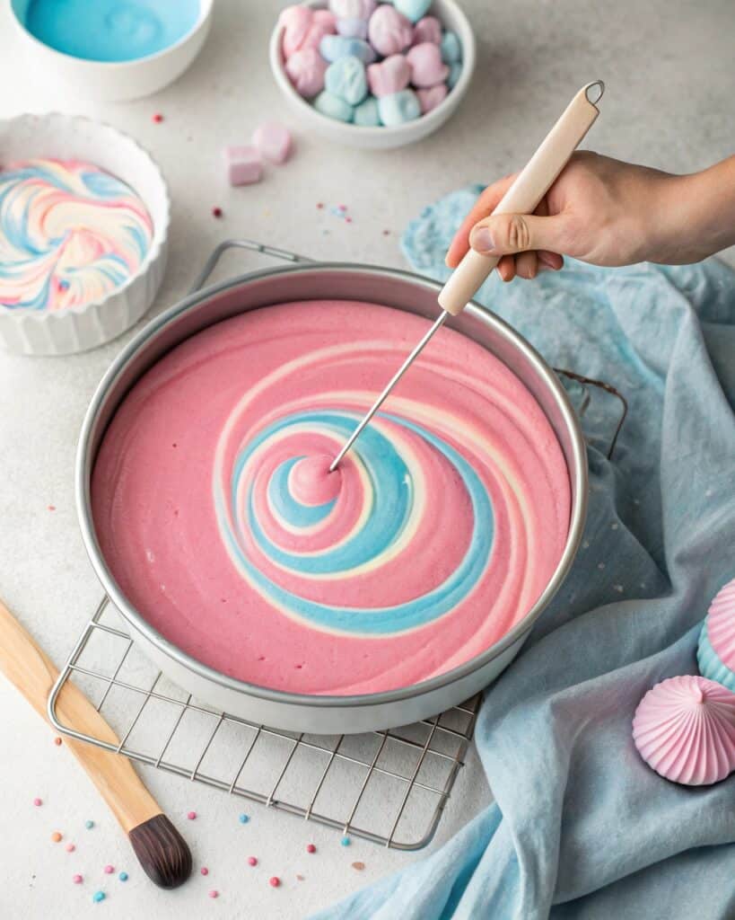 Swirling cotton candy cake batter in a pan