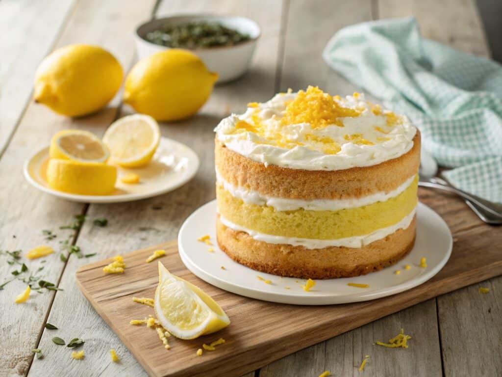 Frosting mascarpone cream onto limoncello cake layers