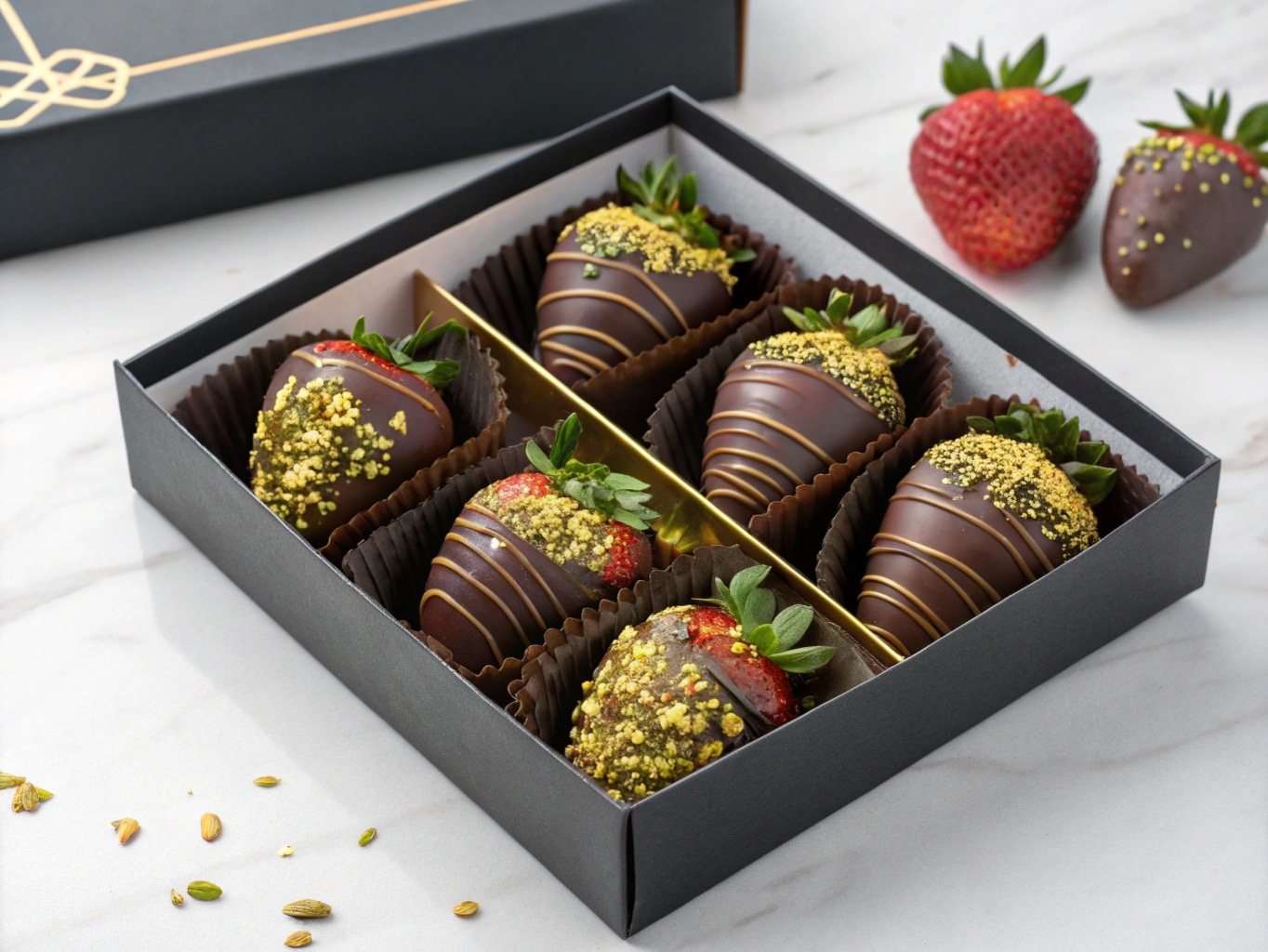 Dubai chocolate strawberries in luxury gift box