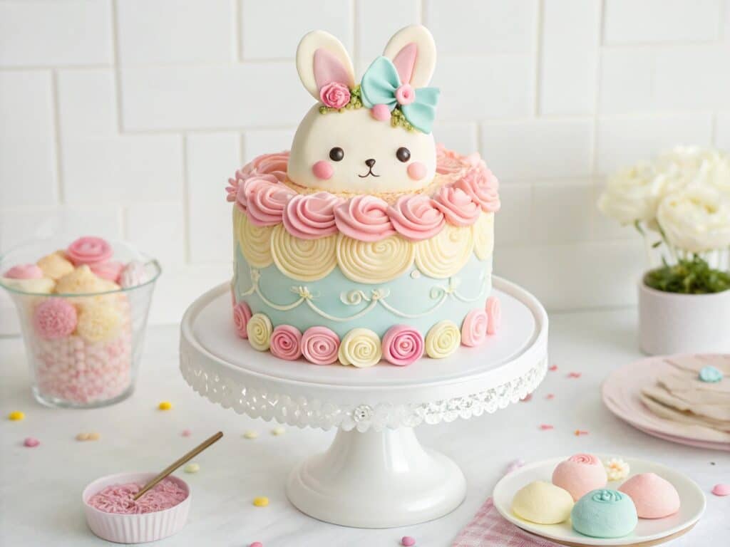 Labubu cake with pastel colors and kawaii design on cake stand