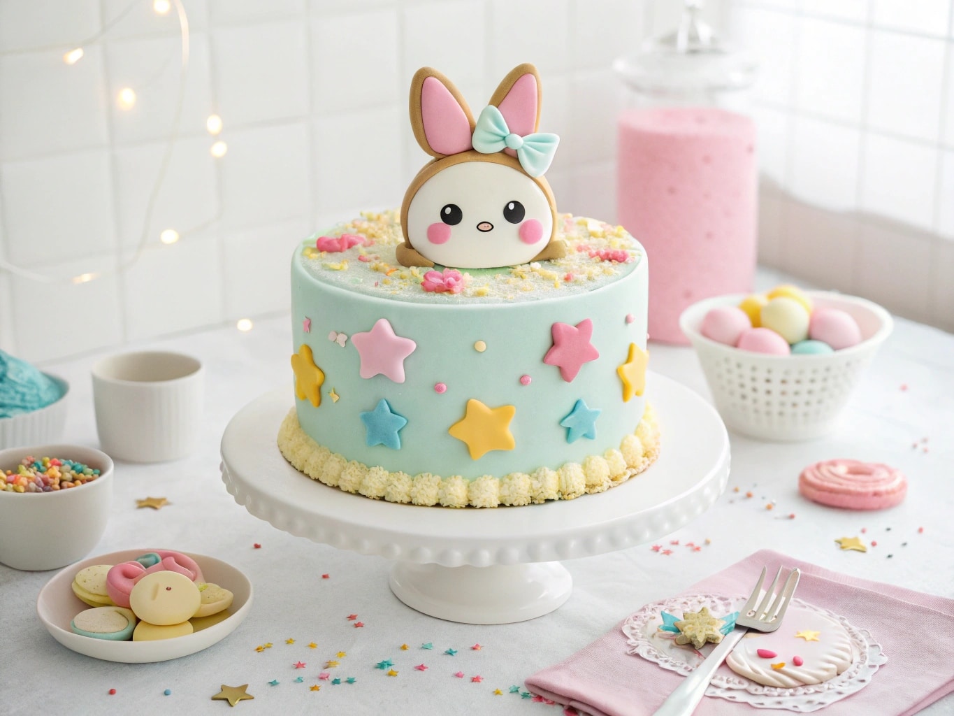 Labubu cake in pastel colors