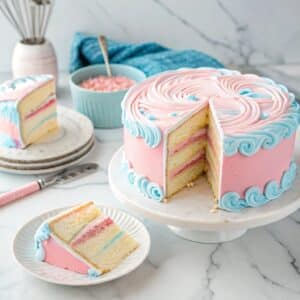 Fully decorated cotton candy cake sliced open on marble
