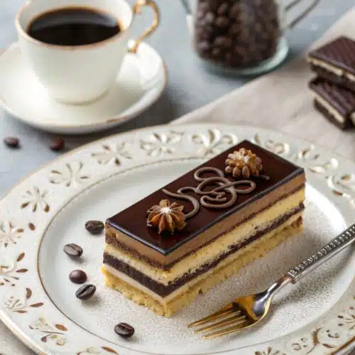Plated opera cake slice with espresso on marble table