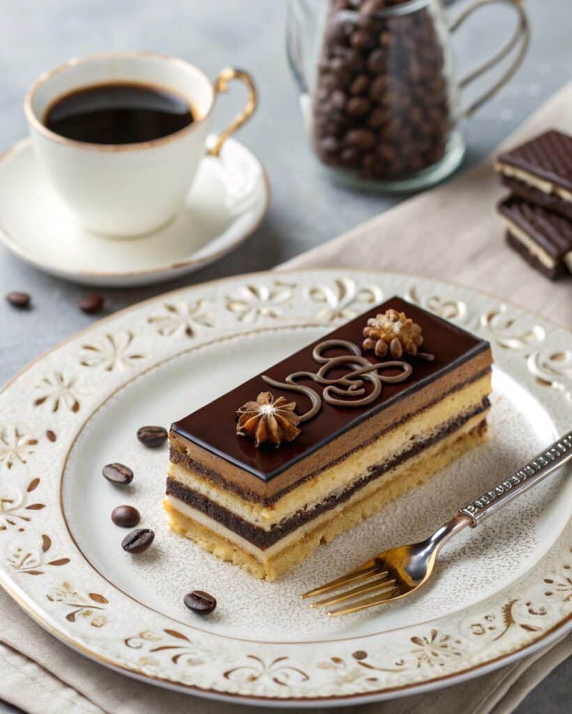 Plated opera cake slice with espresso on marble table