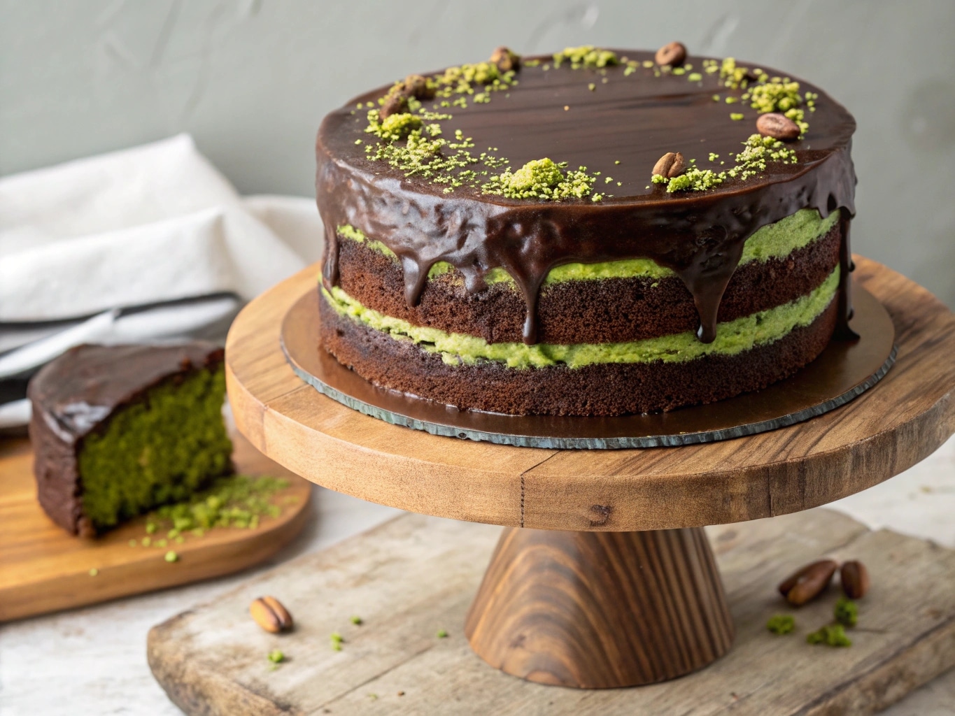 chocolate cake with pistachio cream on wooden cake stand