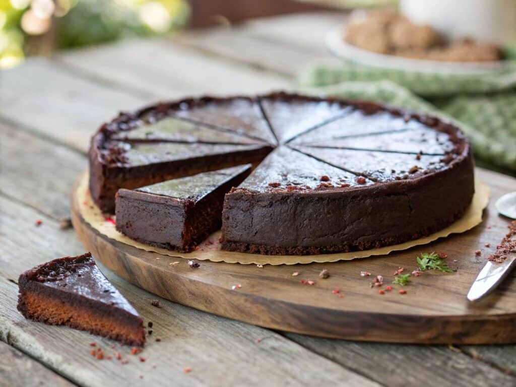 Vegan flourless chocolate cake on rustic table