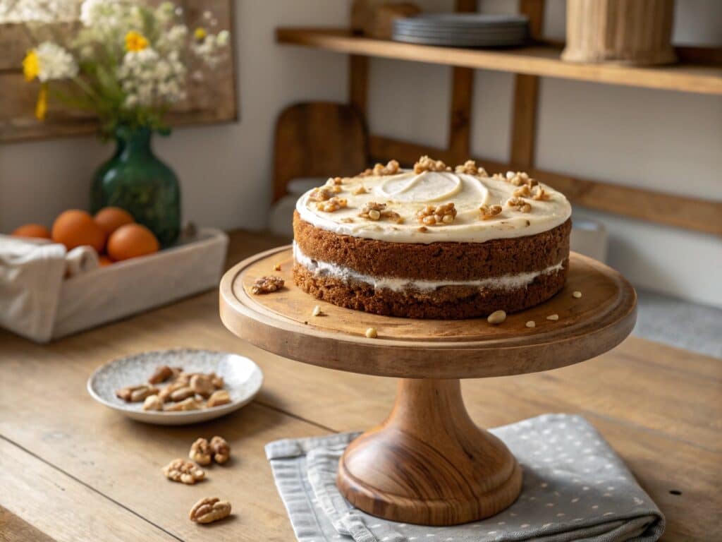 vegan carrot cake recipe with frosting on stand