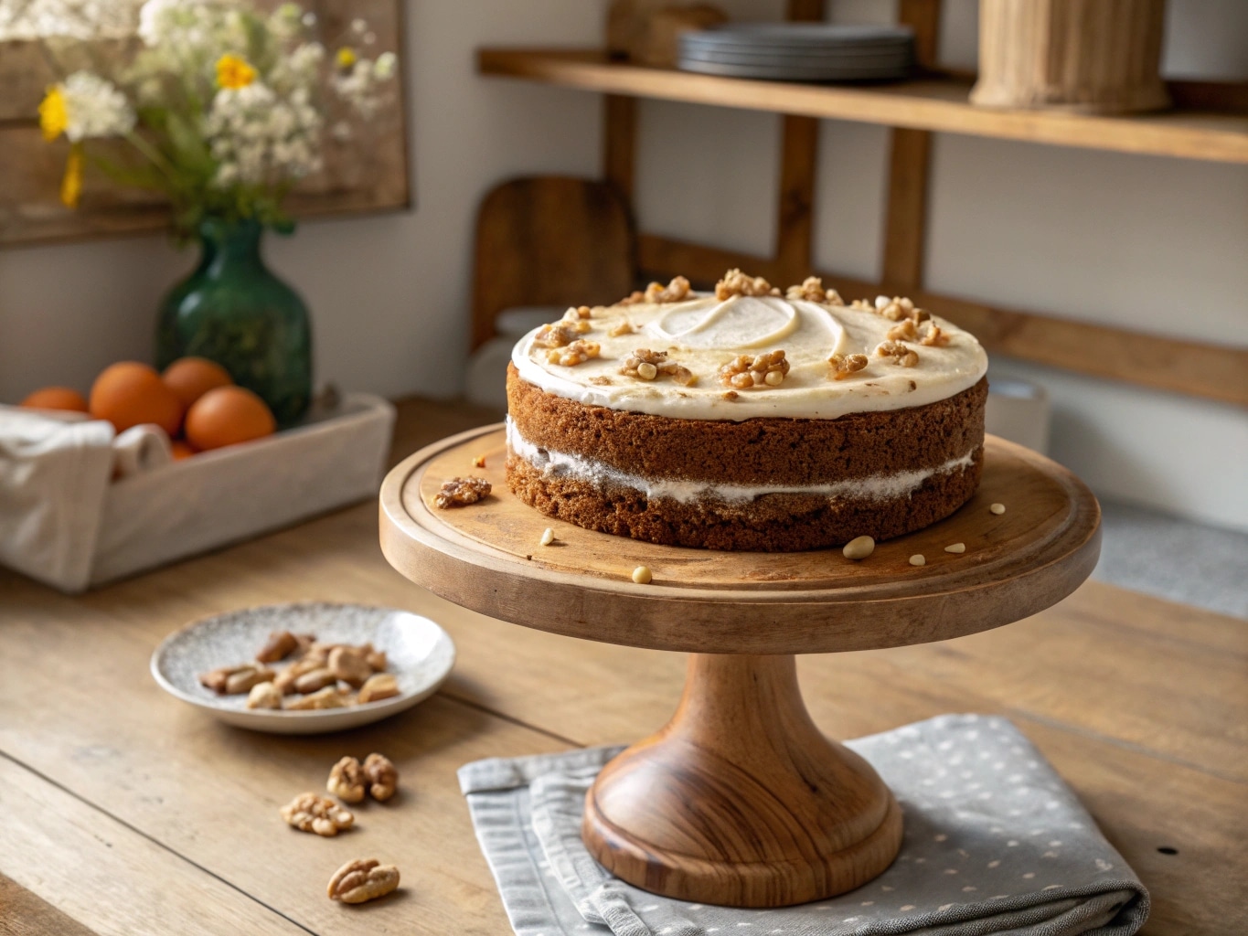 vegan carrot cake recipe with frosting on stand