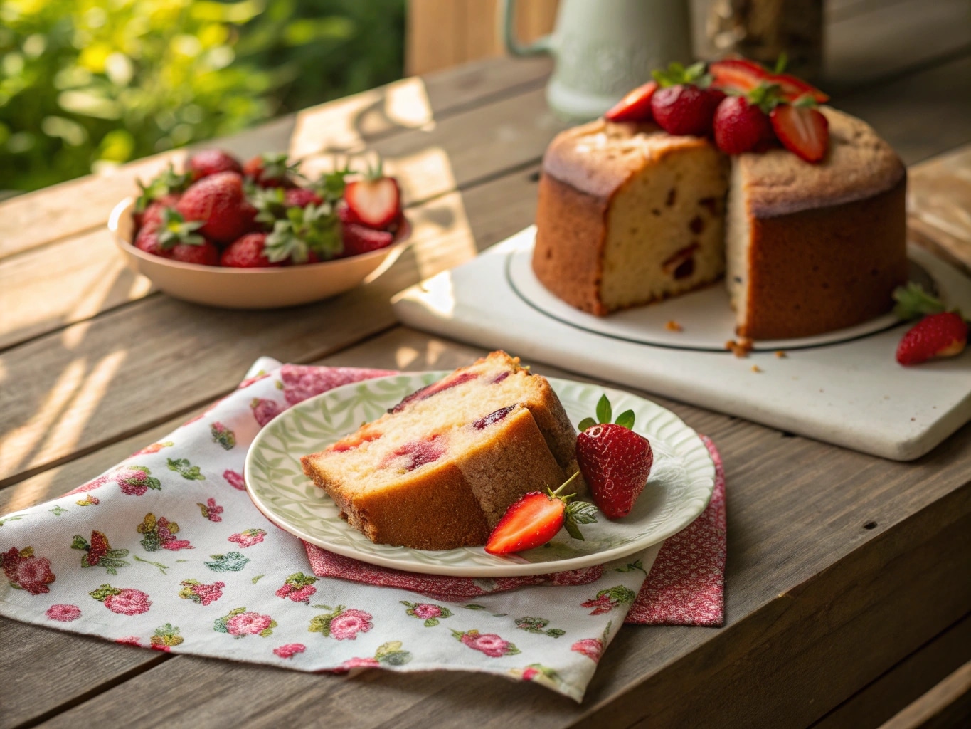 Strawberry pound cake slice on wooden table