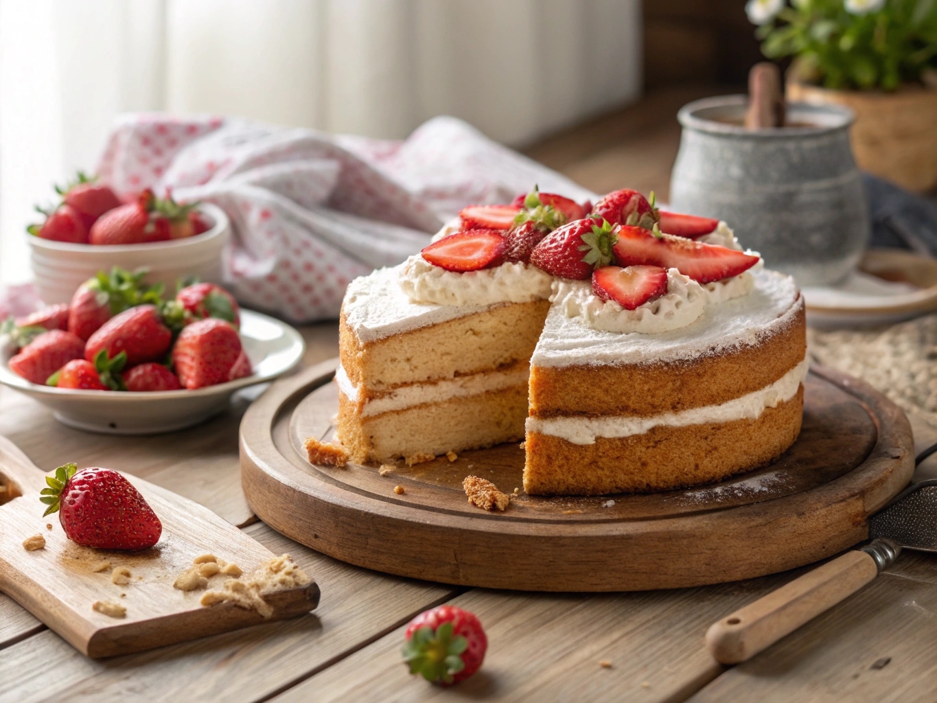 vegan tres leches cake with strawberries and cream