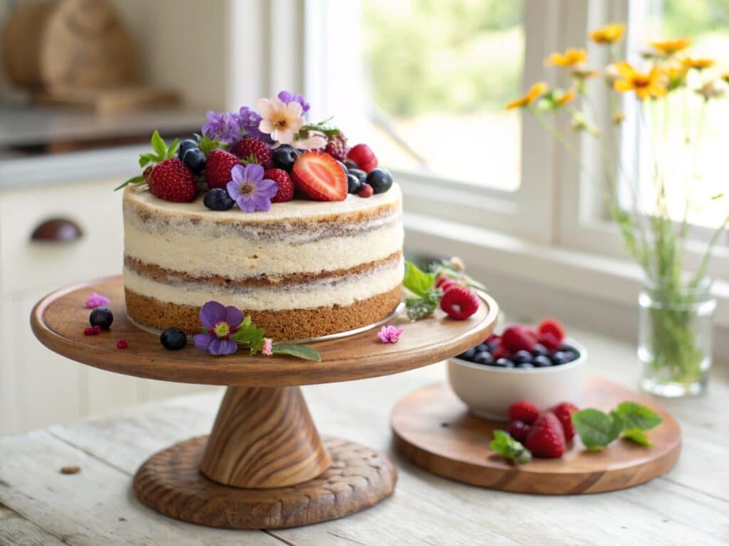 vegan vanilla cake topped with berries