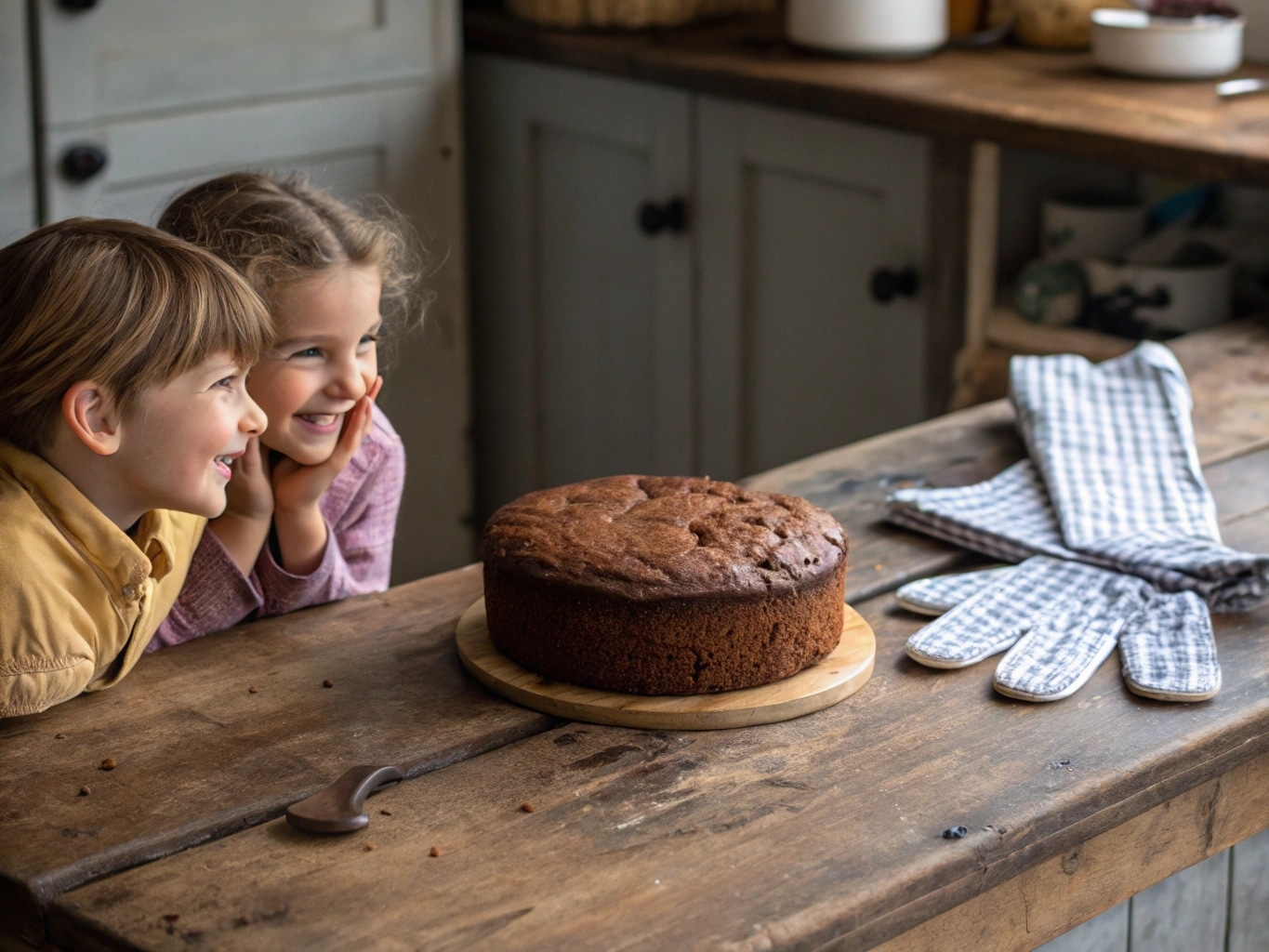Easy chocolate cake for kids freshly baked on a rustic counter