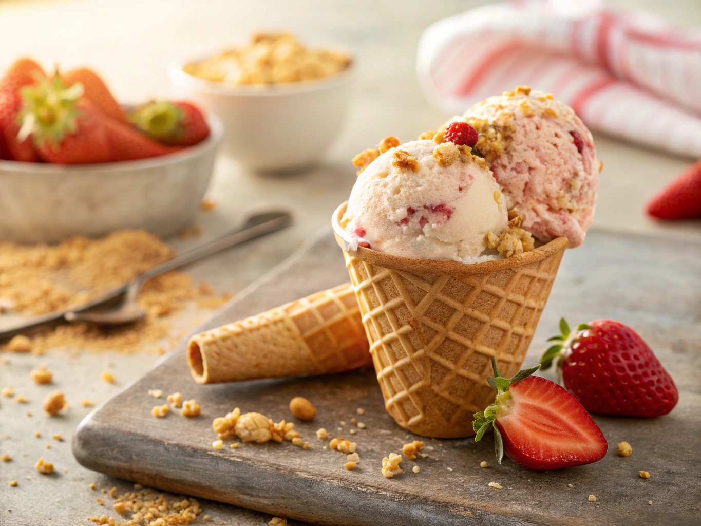 Strawberry shortcake ice cream in a waffle cone with roasted strawberries and shortcake crumble