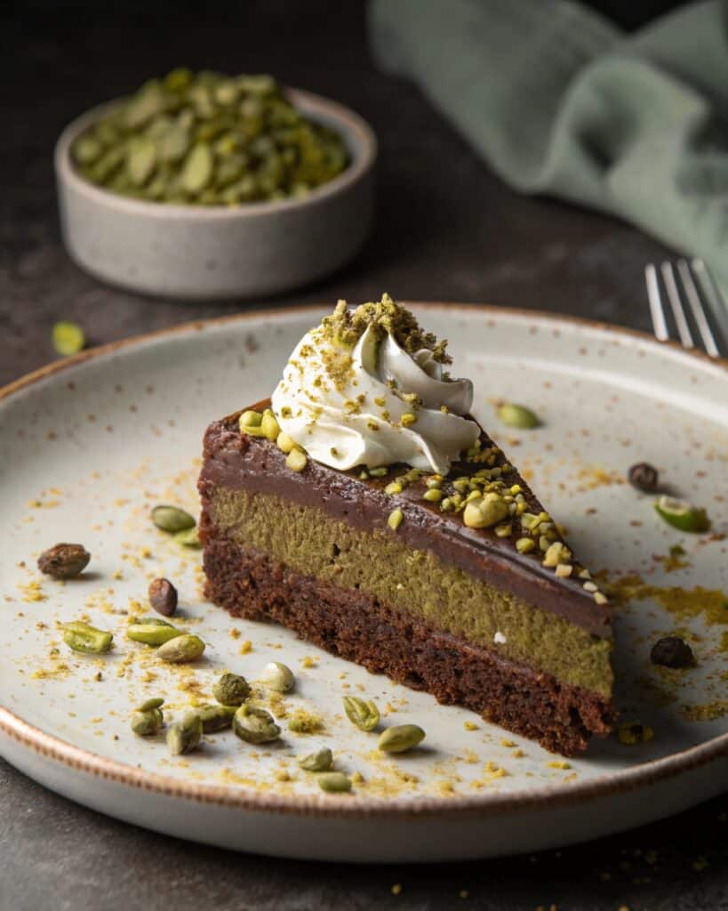 slice of chocolate cake with pistachio cream