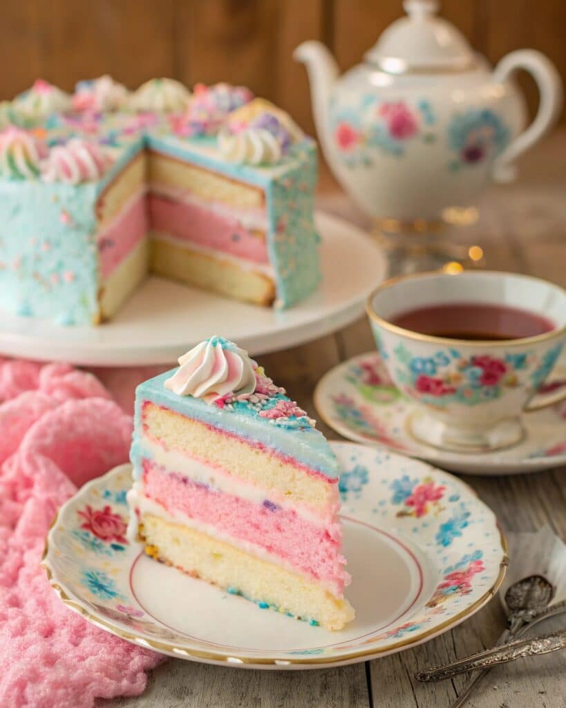 Slice of cotton candy cake on a floral plate
