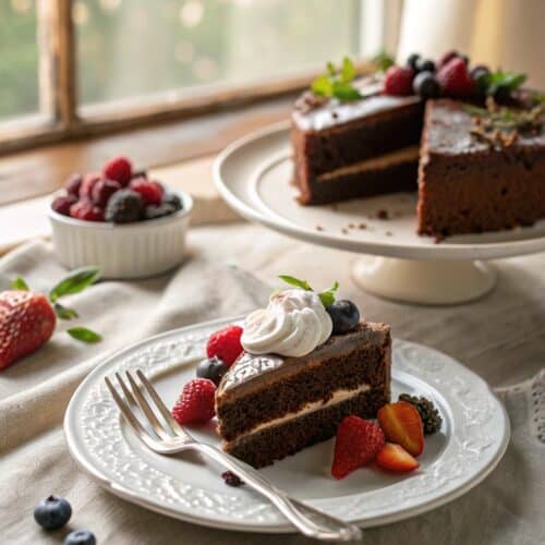 Slice of sugar free chocolate cake with whipped cream